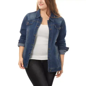 Women's Plus Size Button Front Chest Pockets Washed Casual Jean Jackets