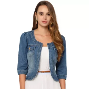 Women's Collarless Pockets 3/4 Sleeve Denim Jackets