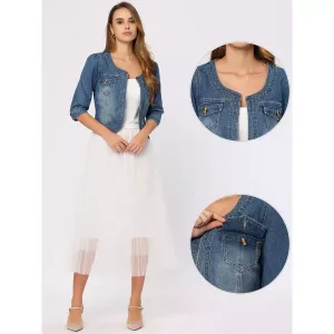 Women's Collarless Pockets 3/4 Sleeve Denim Jackets